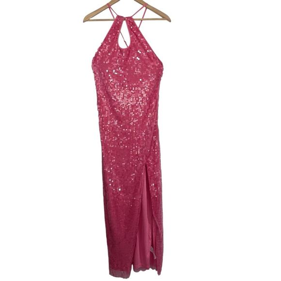 Urban Outfitters UO Harley Pink Sequin Halter Maxi Dress Slit M - Picture 2 of 9